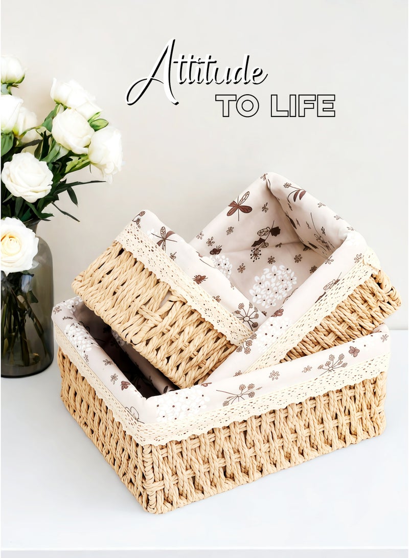 3-Piece Handwoven Natural Linen Storage Baskets  Set , Laundry Basket , Straw Rattan Basket,Washable Liner, Farmhouse Style Organizer for Cosmetics, Snacks, Toys, Books & Clothes,  for Tabletop, Cabinet , Ramadan Home Decoration,Beige - Image 5
